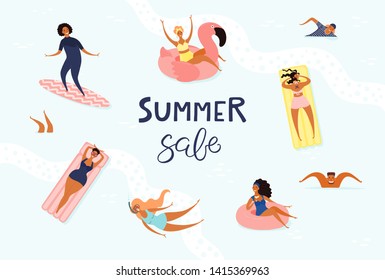 Hand drawn vector illustration with happy young people in the sea, swimming, surfing, sunbathing, with lettering quote Summer sale. Flat style design. Concept, element for poster, banner, background.