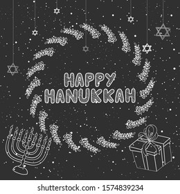 Hand drawn vector illustration - Happy Hanukkah. Happy Hanukkah greeting card template design.Doodle holiday clipart.Holiday symbols: menorah (candlestick), candles, gifts. Vector illustration