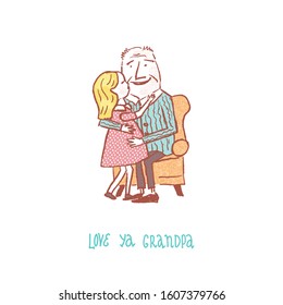 Hand drawn vector illustration and happy smiling grand father   his grand daughter  Senior man sitting in armchair   little girl hugging him  Greeting card for grand parents day  birthday 