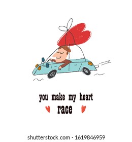 Hand drawn vector illustration of a  happy young caucasian man driving a car with a big red heart  and smiling. Mid century modern style. Grainy textured drawing. Greeting card template.