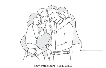 Hand drawn vector illustration of happy family, mother, father, son, daughter.