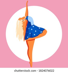 Hand drawn vector illustration of a happy jumping and dancing active woman, flat style design. Feminism and girl's power concept, womens day card.