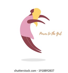 Hand drawn vector illustration of a happy jumping woman, with quote Power to the girls. Concept, element for feminism, womens day card, poster, banner, postcard. Isolated objects on a white background