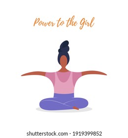 Hand drawn vector illustration of happy sitting woman, with quote Power to the girls. Concept, element for feminism, womens day card, poster, banner, postcard. Isolated objects on a white background