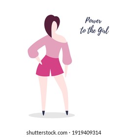 Hand drawn vector illustration of a happy woman, with quote Power to the girls. Concept, element for feminism, womens day card, poster, banner, postcard. Isolated objects on a white background