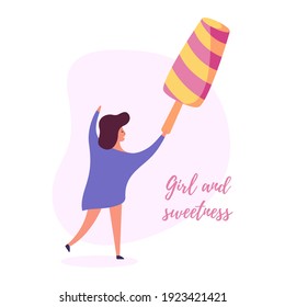 Handgezeichnete Vektorgrafik. Happy Frau hält Eis, mit Zitat Girls und Süßigkeiten. Das Konzept von Essen, Eis. Einzige Objekte auf weißem Hintergrund in einem flachen Stil. 