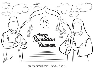 Hand drawn vector illustration of happy ramadan kareem. Hand drawn ramadan background on black and white color