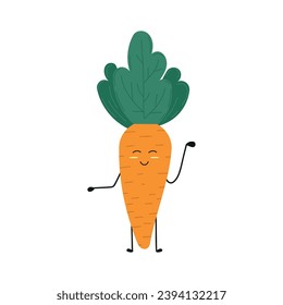 Hand drawn vector illustration of a happy carrot on isolated white background. Flat style. Bright orange and green colors. For logos, icons, emoticons.