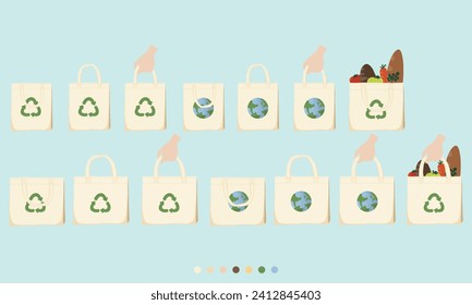 Hand drawn vector illustration of Happy Earth day eco friendly reusable tote bag concept minimal doodle drawing element set. Save the earth, eco friendly. For web, banner, campaign, social media