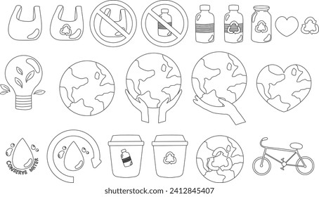 Hand drawn vector illustration of Happy Earth day concept minimal line doodle drawing element set. Save the earth, eco friendly. For web, banner, campaign, social media post.