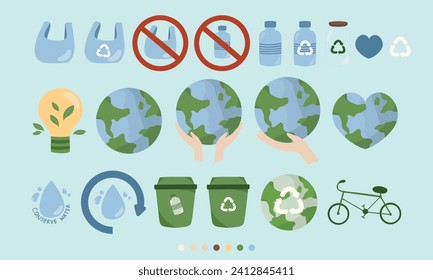 Hand drawn vector illustration of Happy Earth day concept minimal doodle drawing element set. Save the earth, eco friendly. For web, banner, campaign, social media post.