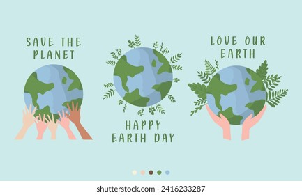 Hand drawn vector illustration of Happy Earth Day. Concept of caring for the earth, environmental problems and protection collection set. planet with hands holding, supporting