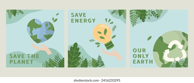 Hand drawn vector illustration of Happy Earth Day. Concept of caring for the earth, environmental problems and clean energy collection set. planet with hands holding, supporting, light bulb