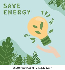 Hand drawn vector illustration of Happy Earth day, world environment day concept minimal flat doodle drawing. Hands holding light bulb green energy. For web, banner, campaign, social media post.