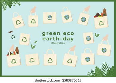 Hand drawn vector illustration of Happy Earth day eco friendly reusable tote bag concept minimal doodle drawing element set. Save the earth, eco friendly. For web, banner, campaign, social media