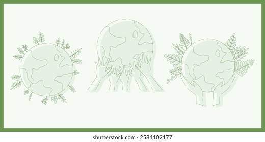 Hand drawn vector illustration of Happy Earth Day line drawn. Concept of caring for the earth, environmental problems and protection collection set. planet with hands holding, supporting