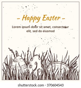  Hand drawn vector illustration - Happy Easter! Eggs on grass