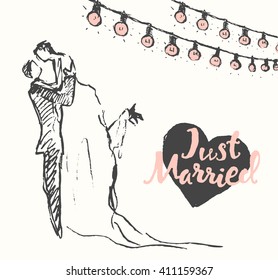 Hand drawn vector illustration of happy bride and groom, sketch

