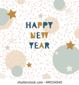 Hand drawn vector illustration - Happy new year in the style of 80's. Pattern with  abstract elements. Memphis design. Retro background. Perfect for invitations, greeting cards, posters, prints etc