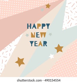 Hand drawn vector illustration - Happy new year in the style of 80's. Pattern with  abstract elements. Memphis design. Retro background. Perfect for invitations, greeting cards, posters, prints etc