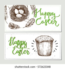 Hand drawn vector illustration. Happy Easter! Design brochures with  illustrations of eggs, feathers,cake and nest. Perfect for invitations, greeting cards, blogs, posters and more
