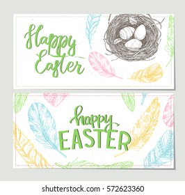 Hand drawn vector illustration. Happy Easter! Design brochures with  illustrations of eggs, feathers and nest. Perfect for invitations, greeting cards, blogs, posters and more
