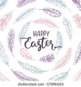 Hand drawn vector illustration. Happy Easter! Spring frame. Perfect for invitations, greeting cards, blogs, posters and more