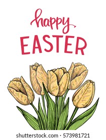 Hand drawn vector illustration. Happy Easter! Spring tulips. Perfect for invitations, greeting cards, blogs, posters and more