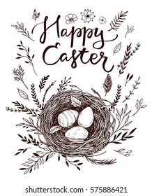 Hand drawn vector illustration. Happy Easter! Spring nest with bird eggs. Perfect for invitations, greeting cards, blogs, posters and more