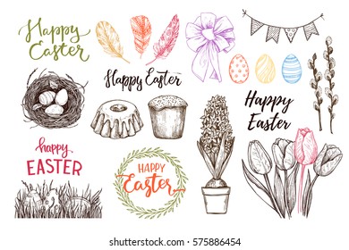 Hand drawn vector illustration. Happy Easter! Design elements (eggs, feathers, nest, cake, lettering, flowers). Perfect for invitations, greeting cards, blogs, posters and more