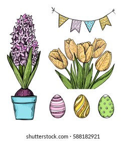 Hand drawn vector illustration. Happy Easter! Design elements (eggs, garland, tulips, hyacinth). Perfect for invitations, greeting cards, blogs, posters and more