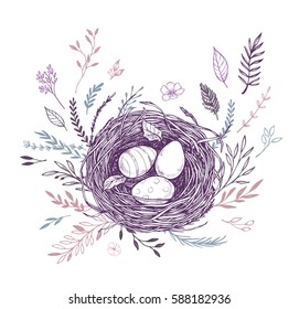 Hand drawn vector illustration. Happy Easter! Spring nest with bird eggs. Perfect for invitations, greeting cards, blogs, posters and more