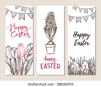Hand drawn vector illustration. Happy Easter! Design leaflet (eggs, garland, tulips, hyacinth). Perfect for invitations, greeting cards, blogs, posters and more