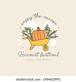 Hand Drawn Vector Illustration For Harvest Autumn Festival. Sketch Style Logo A Wheelbarrow With A Pumpkin For Invitation On Event, Party