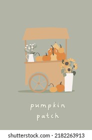 Ilustración vectorial dibujada a mano para el festival de otoño de la cosecha. Flecha de ruedas con calabazas y flores de otoño. Plantilla de invitación para evento, fiesta. 