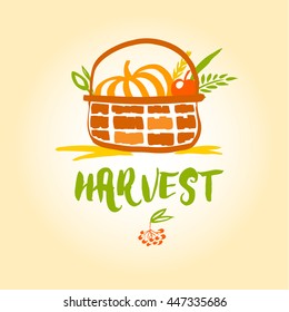 Hand Drawn Vector Illustration For Harvest Autumn Festival. Sketch Style Logo With Apple, Pumpkin For Invitation On Event, Party. 