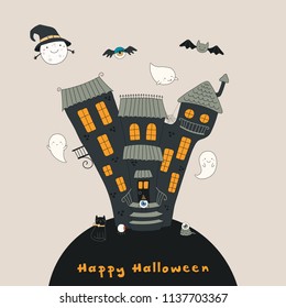 Hand drawn vector illustration of a haunted house, kawaii funny moon, bat, monsters, cat, ghosts, with text Happy Halloween. Isolated objects. Line drawing. Design concept for print, card, invitation.