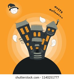 Hand drawn vector illustration of a haunted house, kawaii funny moon in a witch hat, ghosts, with text Happy Halloween. Isolated objects. Line drawing. Design concept for print, card, party invitation