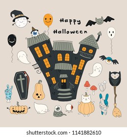 Hand drawn vector illustration of a haunted house, kawaii funny cartoon characters, with text Happy Halloween. Isolated objects. Line drawing. Design concept for print, card, party invitation.