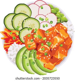 Hand drawn vector illustration of Hawaiian Poke bowl