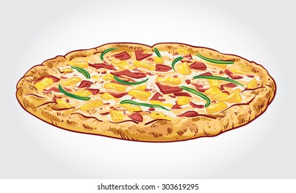 Hand drawn vector illustration of Hawaiian pizza.
