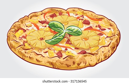 Hand drawn vector illustration of a Hawaiian Pizza.