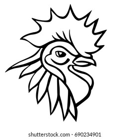 Hand drawn vector illustration with a head of a rooster. Black and white linear drawing. Isolated on white background