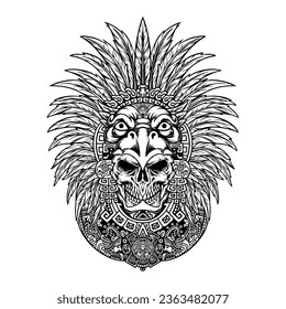 Hand drawn vector illustration with headdress of Native Americans namely Indian tribes. Illustrated with a skull decorated with feathers, baubles and an eagle's head. Cool for designs, t-shirts, logos