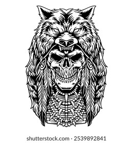 Hand drawn vector illustration with headdress of Native Americans namely Indian tribes. Illustrated with a skull decorated with feathers, baubles, and a wolf's head. Cool for designs, t-shirts, logos