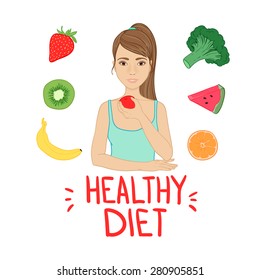 Hand drawn vector illustration -  Healthy diet. Fruits and vegetables. woman surrounded by fruit