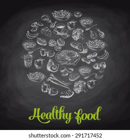 Hand Drawn Vector Illustration With Healthy Food. Sketch. Chalkboard 