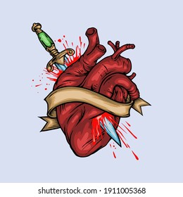 Hand Drawn Vector Illustration Heart Stabbed by Dagger