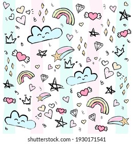 Hand drawn vector illustration with heart, clouds, stars rainbow for girls. Suitable for covers, stationery, wallpaper, diary, notebook. 