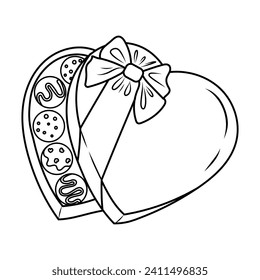 Ilustración vectorial dibujada a mano de una caja de regalo de chocolate con forma de corazón. Coloreando la página del libro. garabato, boceto